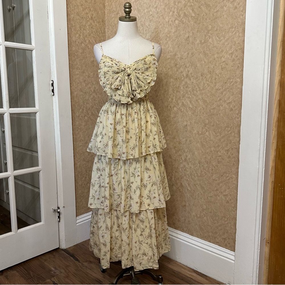 NWT Yellow Floral Tiered Bow Tie Midi Maxi Spring Floral Dress